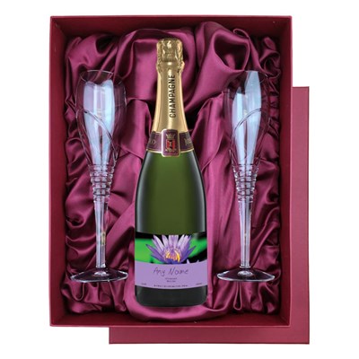 Personalised Champagne - Purple Flower Label in Red Luxury Presentation Set With Flutes